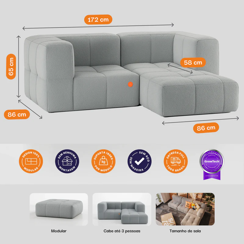 Sofá Modular Cinza - Cores disponíveis